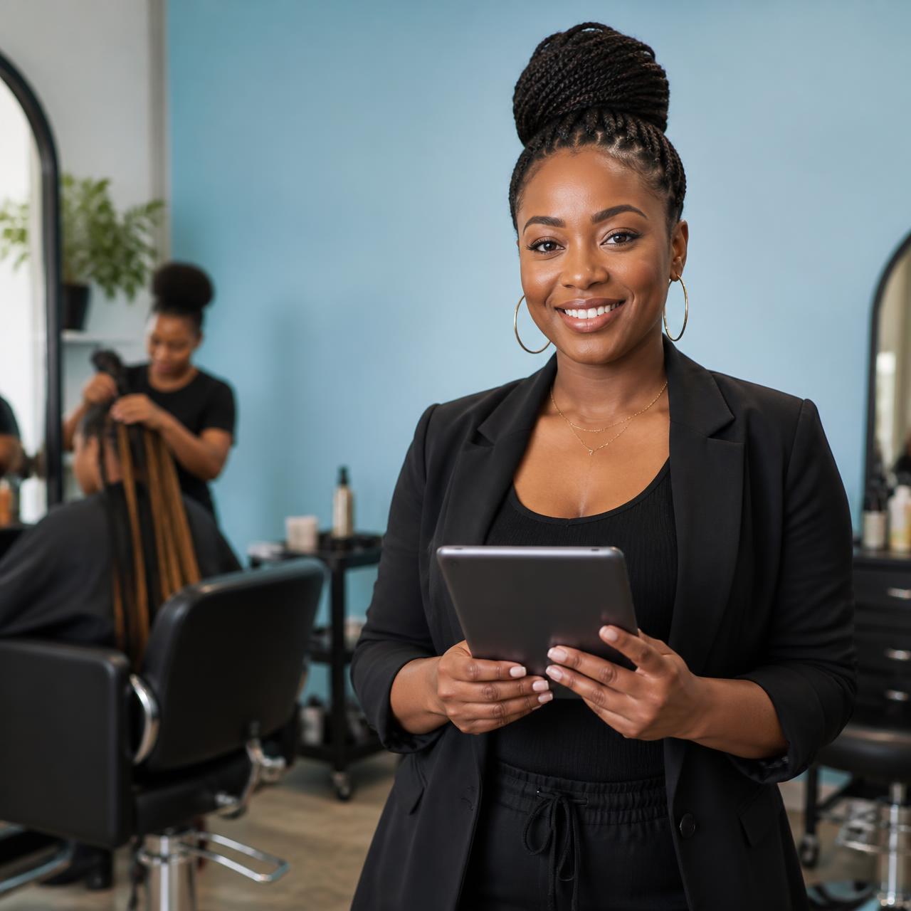A hair salon owner standing in her salon holding a tablet